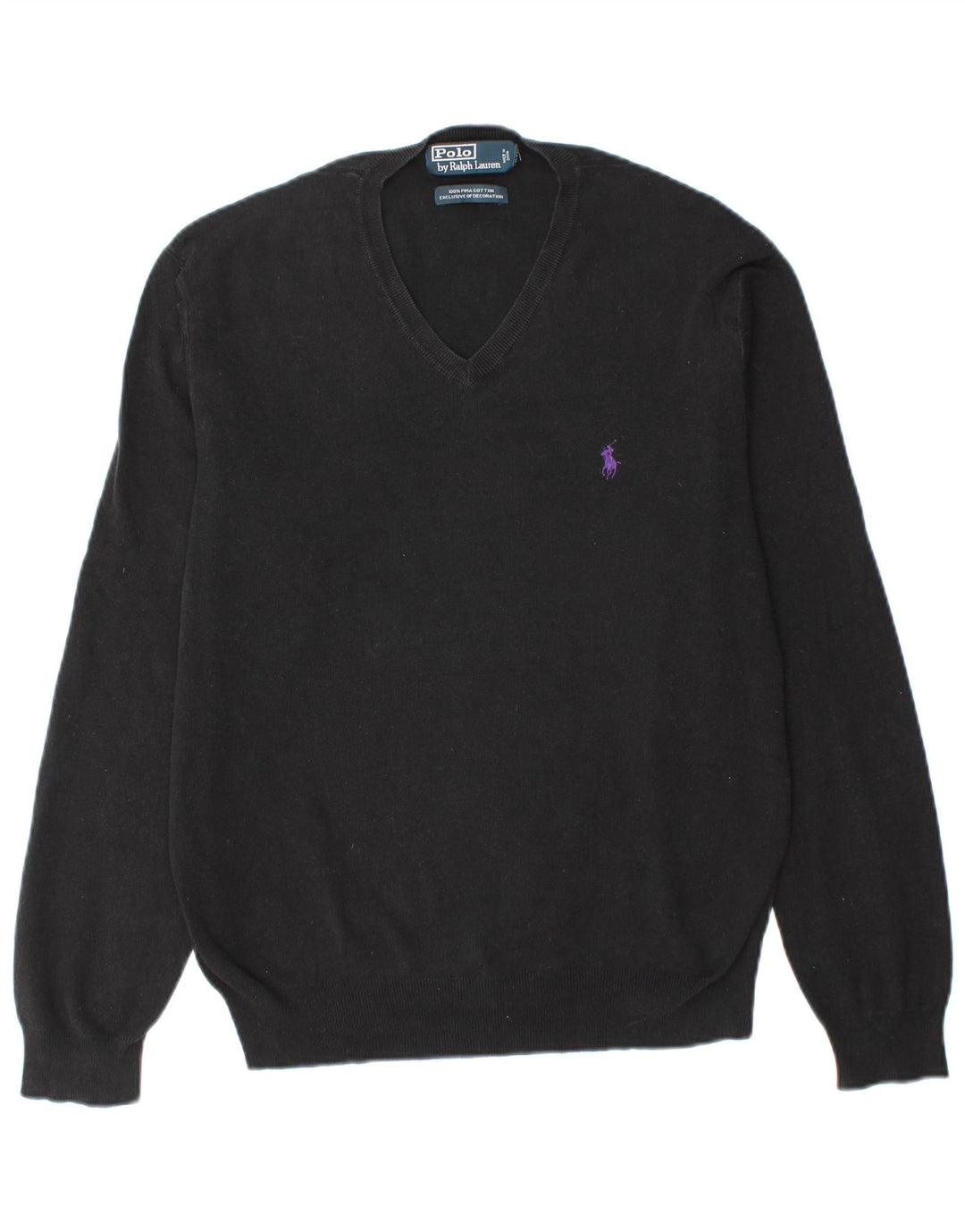 POLO RALPH LAUREN Mens V-Neck Jumper Sweater Medium Black Cotton