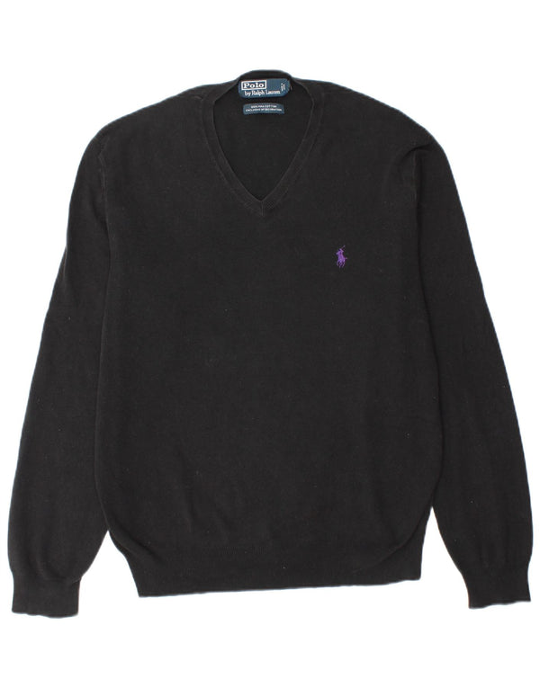 POLO RALPH LAUREN Mens V-Neck Jumper Sweater Medium Black Cotton