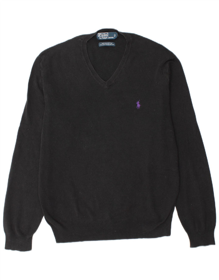POLO RALPH LAUREN Mens V-Neck Jumper Sweater Medium Black Cotton