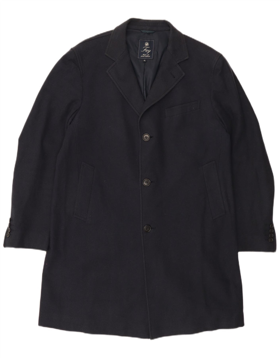 FAY Womens Overcoat UK 18 XL Navy Blue Herringbone Cotton