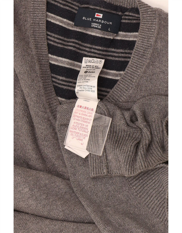 Marks & Spencer Mens Blue Harbour V-Neck Jumper Sweater Large Grey Cotton
