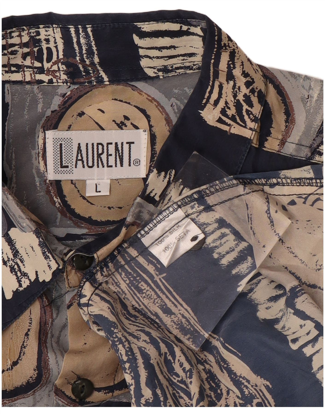 LAURENT Mens Short Sleeve Shirt Large Navy Blue Geometric Silk