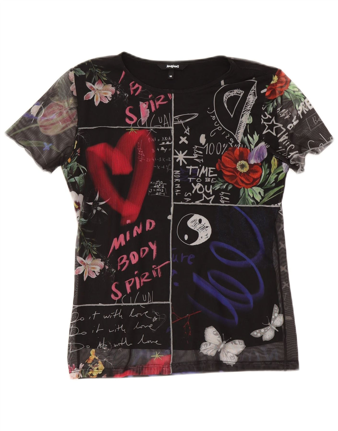 Desigual Womens Graphic T-Shirt Top UK 12 Medium Black Floral Polyester