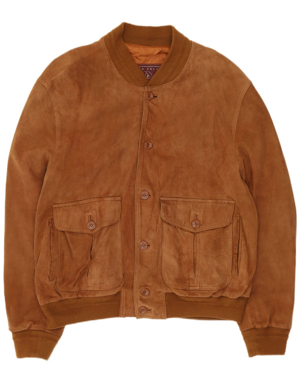 Vintage Mens Suede Bomber Jacket IT 54 2XL Brown Leather