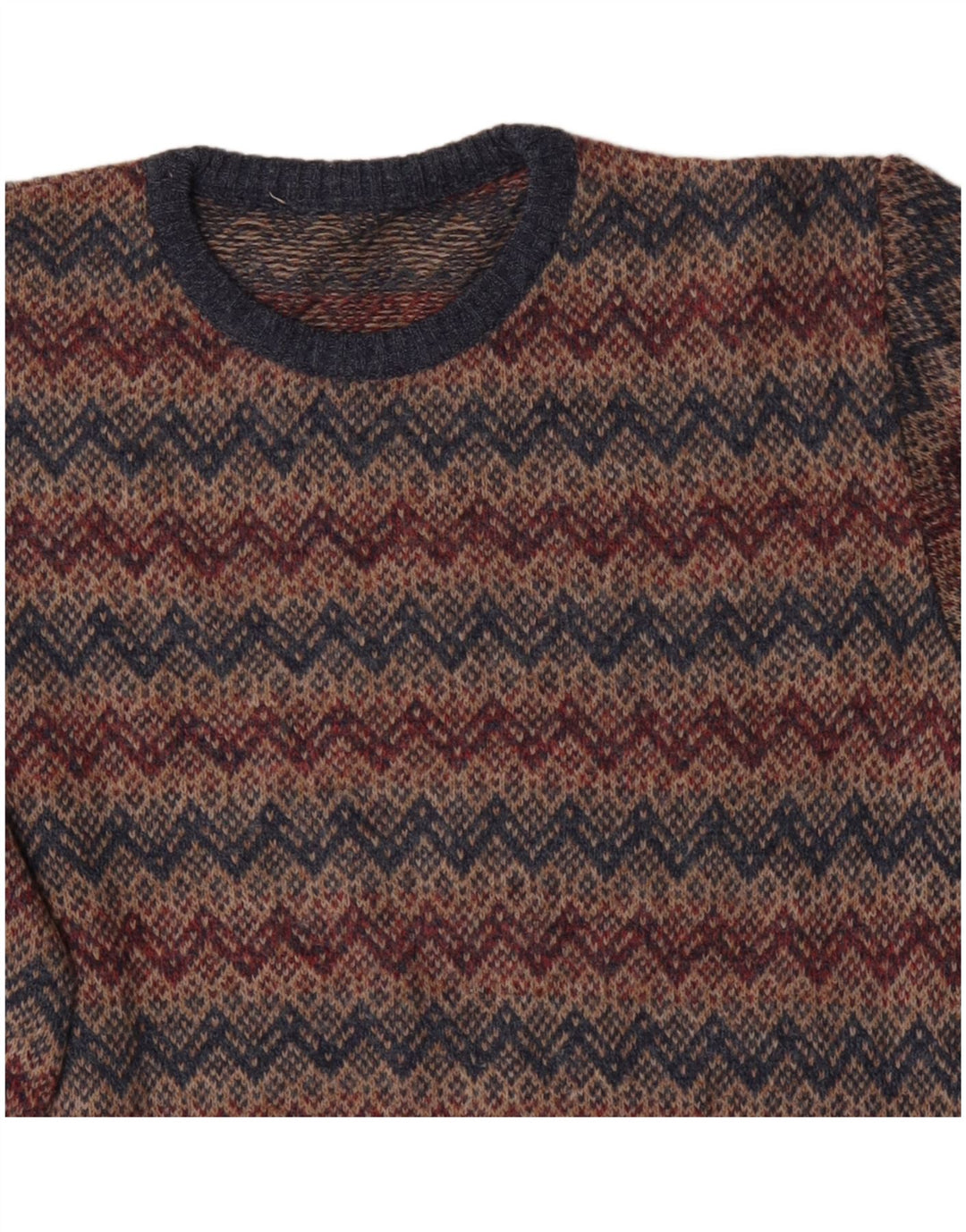 VINTAGE Mens Crew Neck Jumper Sweater Medium Brown Chevron Acrylic