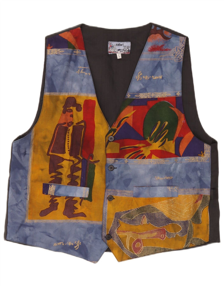 Vintage Mens Abstract Pattern Waistcoat Large Blue