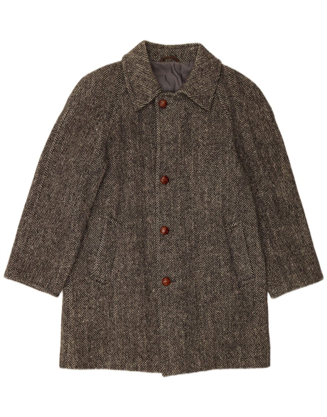 BLUE DEVIL Mens Overcoat UK 38 Medium Grey Herringbone Wool