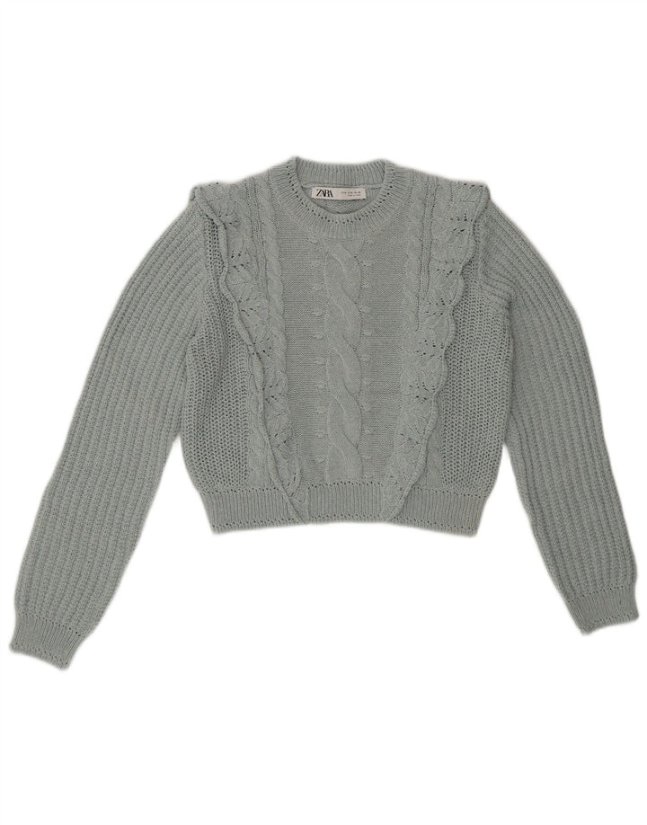 ZARA Womens Crop Crew Neck Jumper Sweater UK 14 Medium Blue
