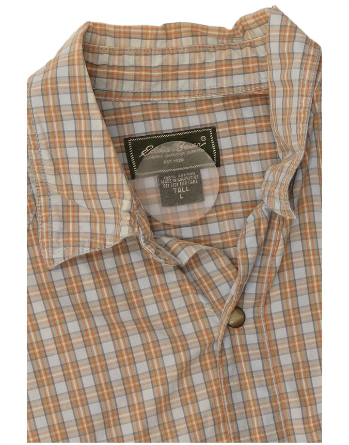 Eddie Bauer Mens Tall Short Sleeve Shirt Large Beige Check Cotton