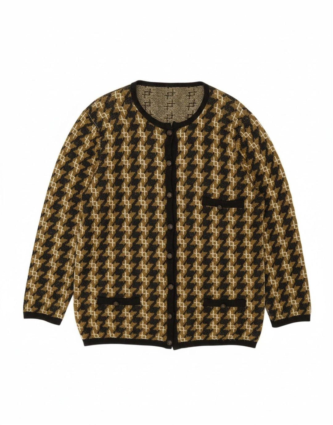 VINTAGE Womens Oversized Cardigan Sweater UK 14 Medium Khaki Houndstooth