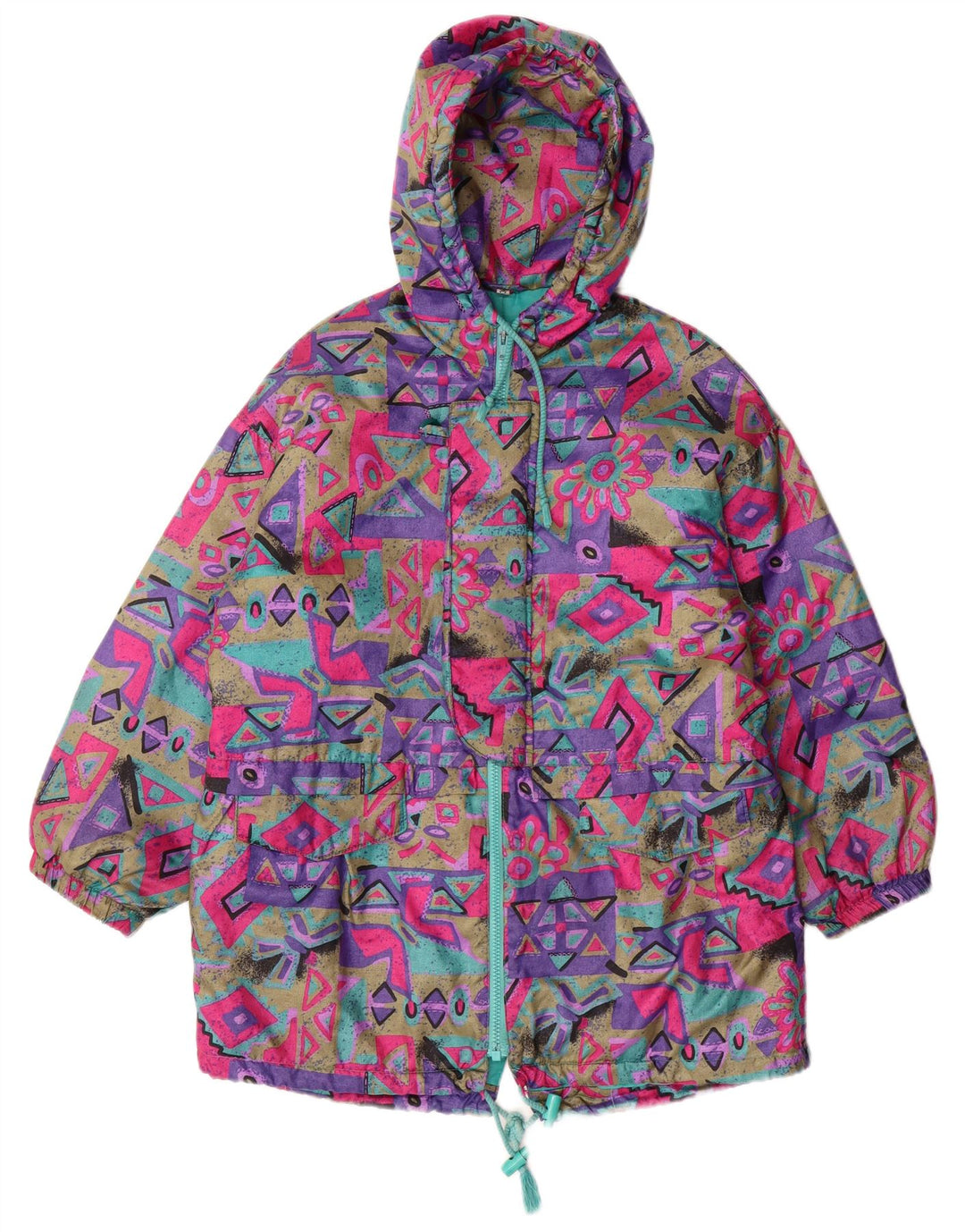 VINTAGE Girls Hooded Windbreaker Coat 15-16 Years Multicoloured Geometric