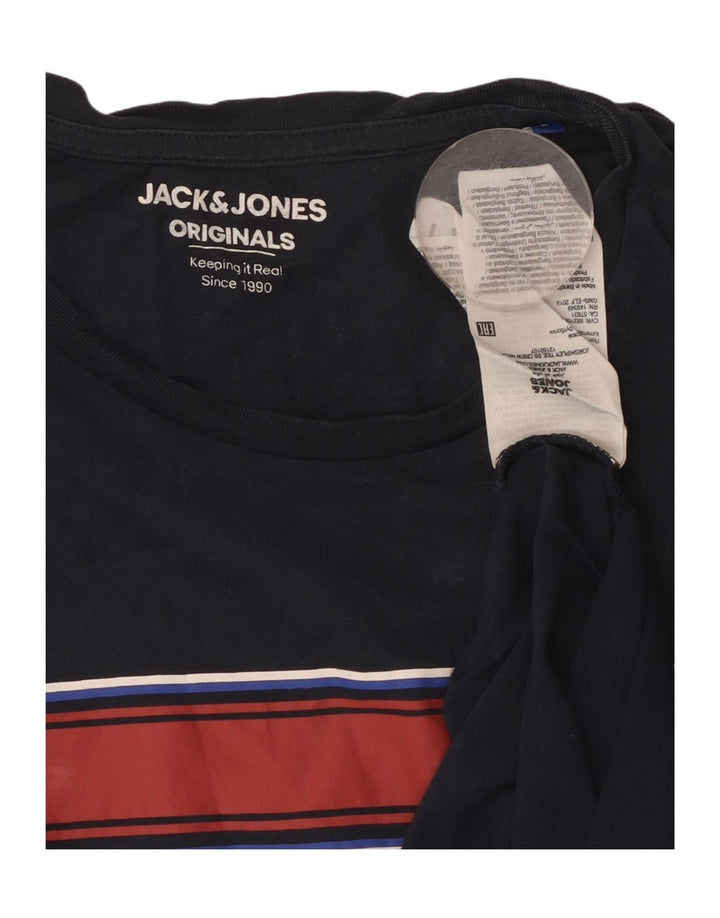 Jack & Jones Mens Graphic T-Shirt Top Medium Navy Blue Striped Cotton