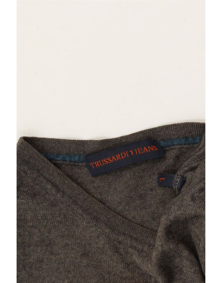TRUSSARDI Mens Graphic Crew Neck Jumper Sweater Large Grey Vintage Trussardi and Second-Hand Trussardi from Messina Hembry 