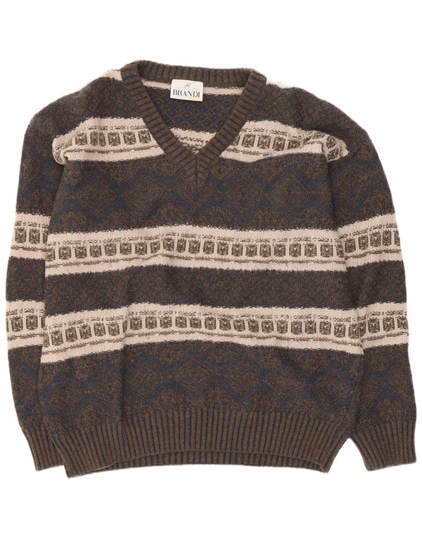 Brandi Mens V-Neck Jumper Sweater Large Navy Blue Fair Isle