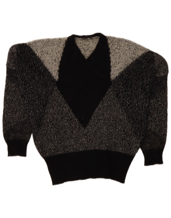 Vintage Womens Oversized V-Neck Jumper Sweater UK 10 Small Grey Colourblock