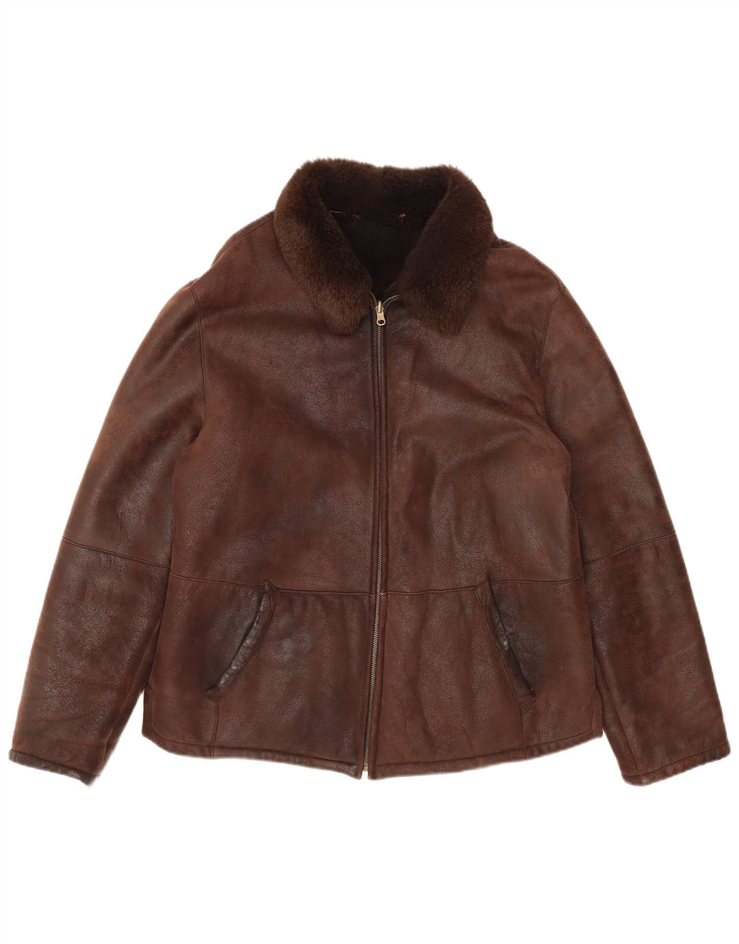 VINTAGE Mens Shearling Jacket IT 50 Large Brown Leather