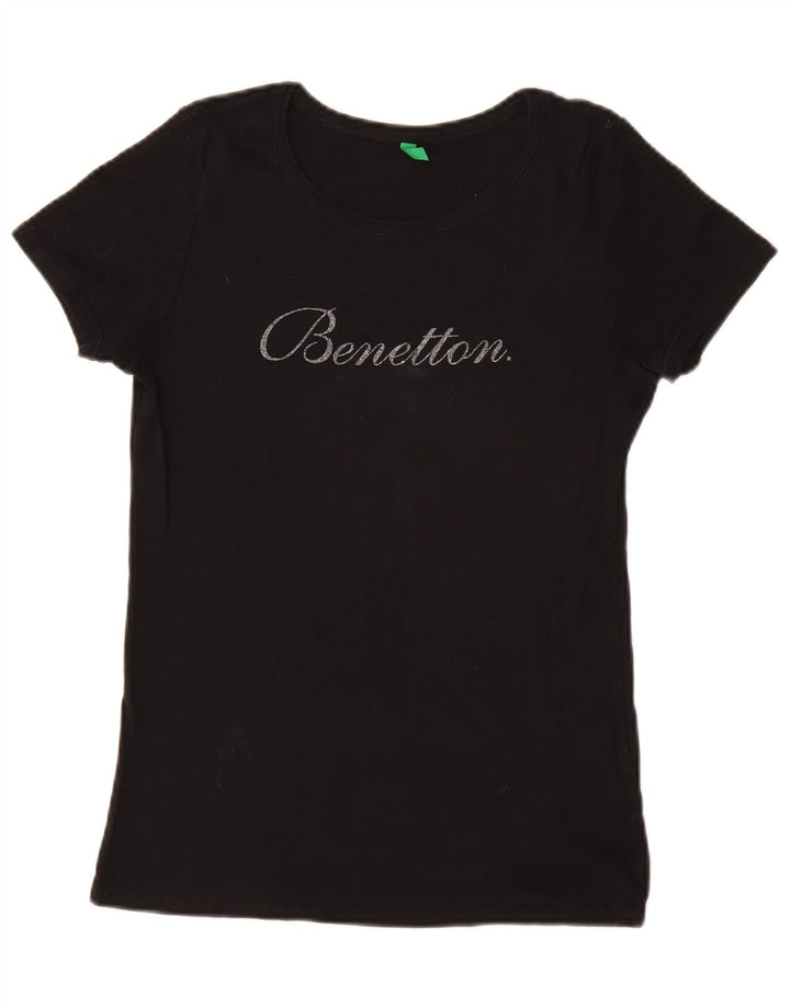 BENETTON Womens Graphic T-Shirt Top UK 16 Small Black