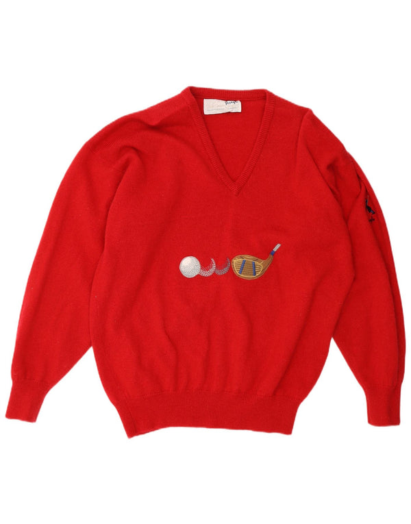 PRINGLE Womens Graphic V-Neck Jumper Sweater UK 18 XL Red Wool