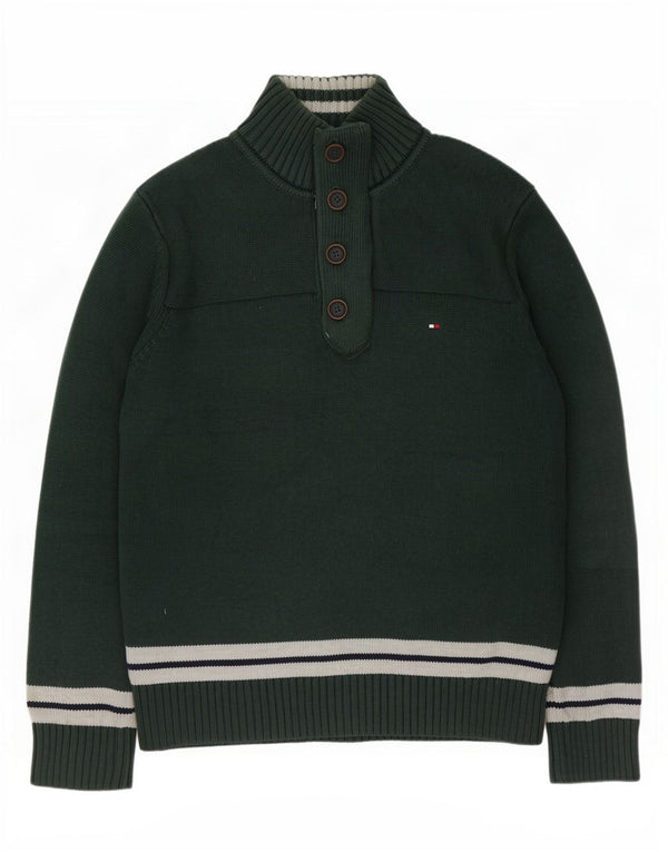 Tommy Hilfiger Mens Button Neck Jumper Sweater Large Green Colourblock