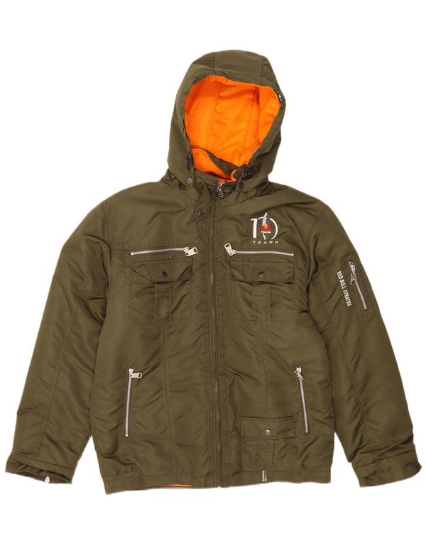 Vintage Mens Graphic Hooded Padded Jacket UK 44 2XL Khaki Nylon
