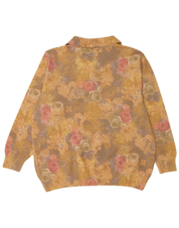 VILONA MODA Womens Polo Neck Jumper Sweater UK 18 XL Yellow Floral Wool