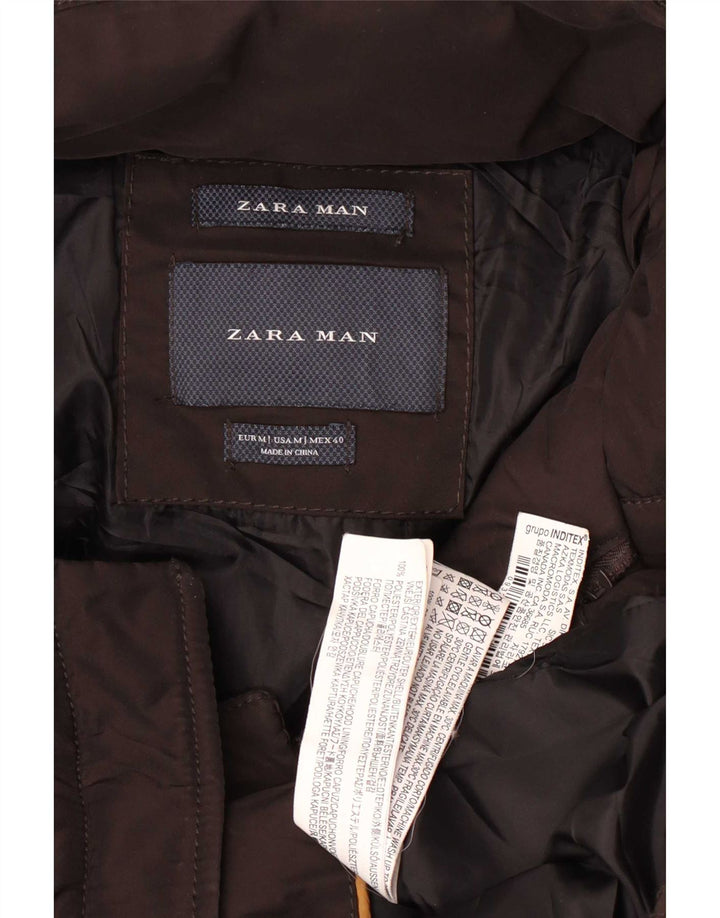 Zara Mens Hooded Padded Jacket UK 38 Medium Brown Polyester