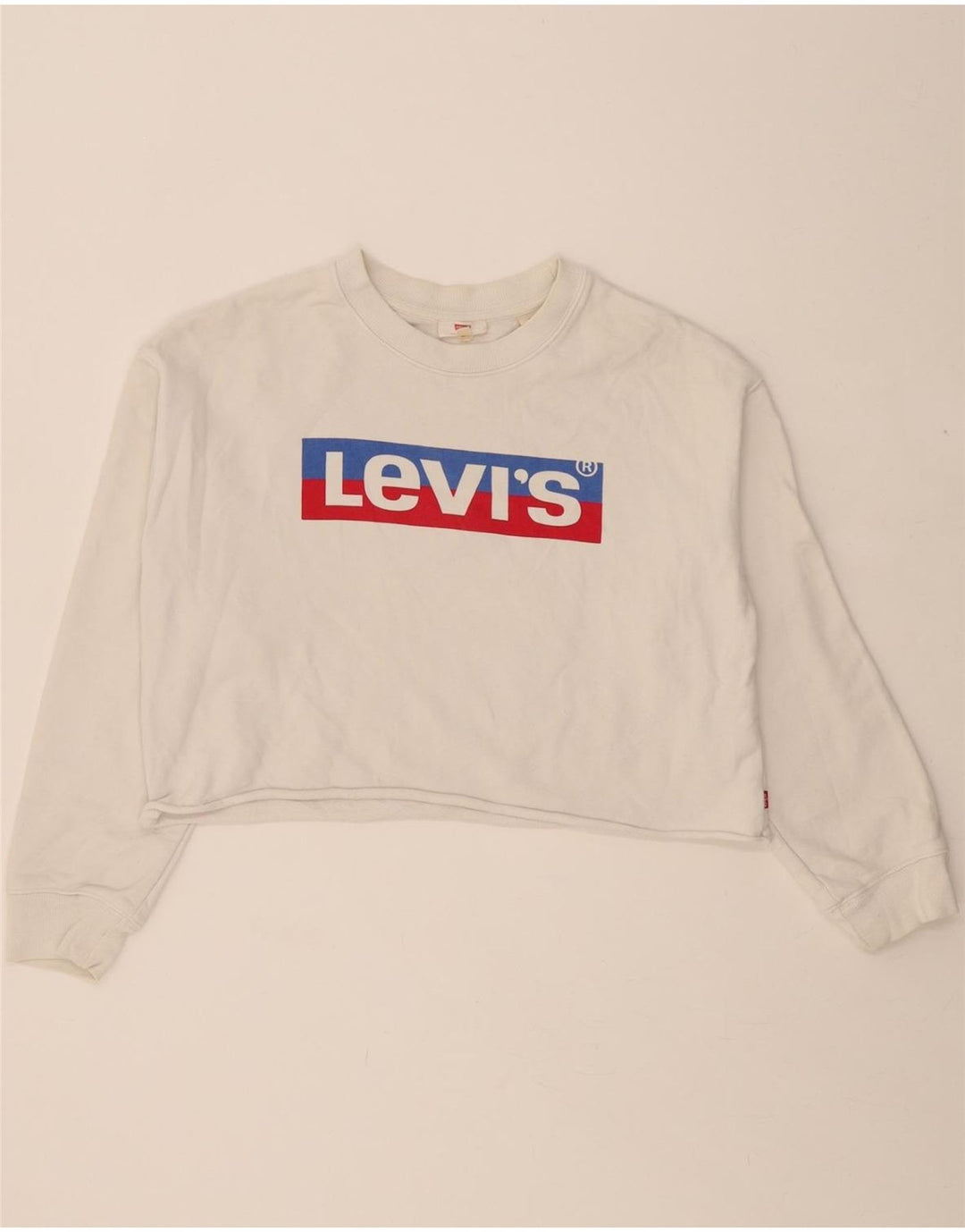 LEVI'S Womens Crop Graphic Oversized Sweatshirt Jumper UK 10 Small White Vintage Levi's and Second-Hand Levi's from Messina Hembry 