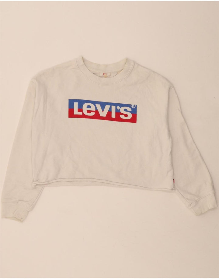 LEVI'S Womens Crop Graphic Oversized Sweatshirt Jumper UK 10 Small White Vintage Levi's and Second-Hand Levi's from Messina Hembry 