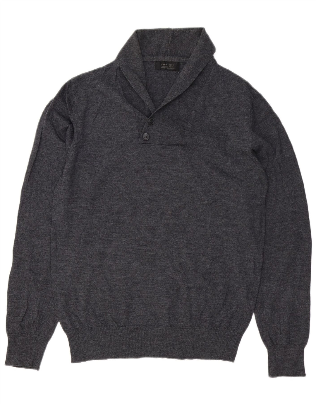 Zara Mens Shawl Neck Jumper Sweater Large Grey Wool