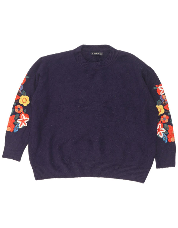Zara Womens Crew Neck Jumper Sweater UK 14 Medium Navy Blue Floral