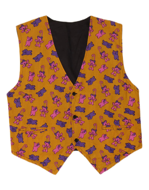 BROADWAY Mens Graphic Waistcoat Large Yellow Colourblock Viscose
