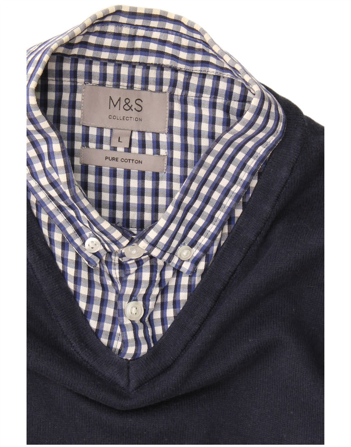 Marks & Spencer Mens Polo Neck Jumper Sweater Large Navy Blue Gingham