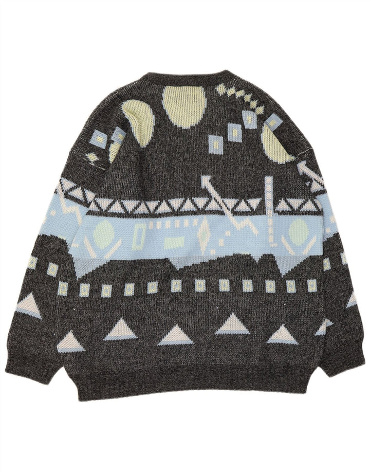 Vintage Mens Crew Neck Jumper Sweater Large Grey Geometric