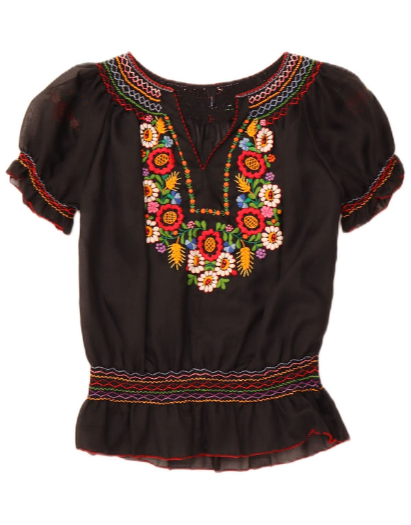 VINTAGE Womens See Through Blouse Top UK 16 Large Black Floral