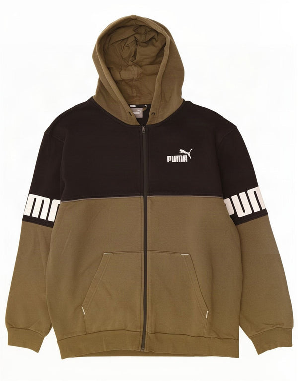 Puma Mens Graphic Zip Hoodie Sweater Large Khaki Colourblock Cotton