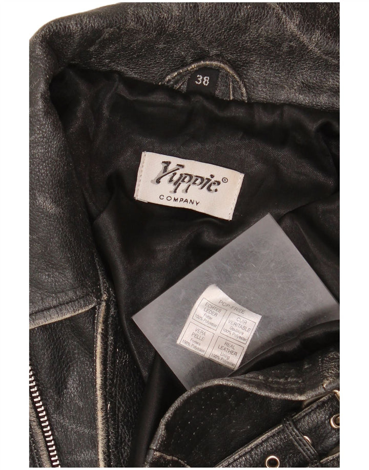 Yuppie Womens Crop Leather Biker Jacket EU 38 Medium Black Leather