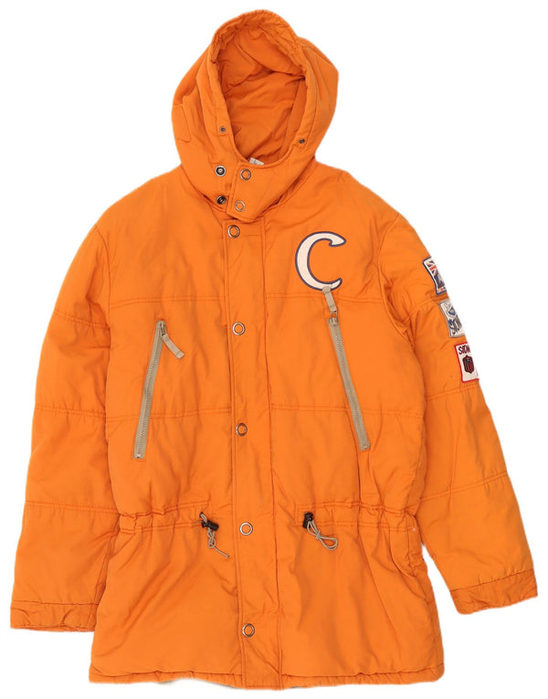 Studio Mens Graphic Hooded Padded Jacket UK 40 Large Orange Cotton