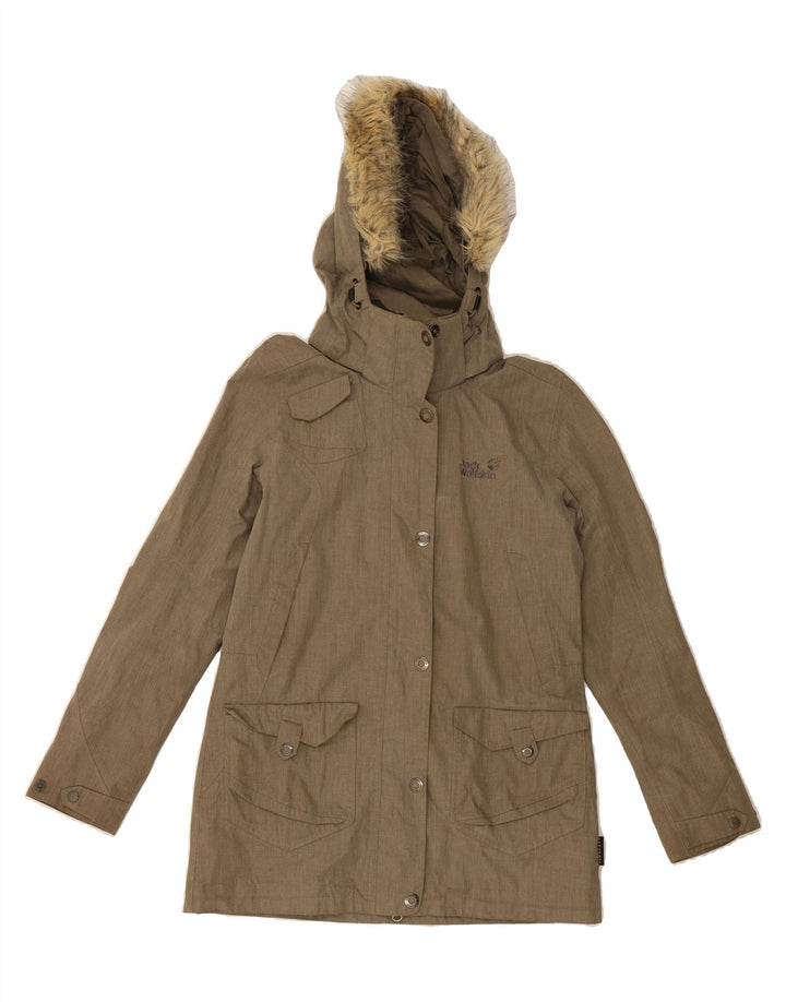 JACK WOLFSKIN Womens Hooded Windbreaker Jacket UK 8 Small Khaki Polyester Vintage Jack Wolfskin and Second-Hand Jack Wolfskin from Messina Hembry 