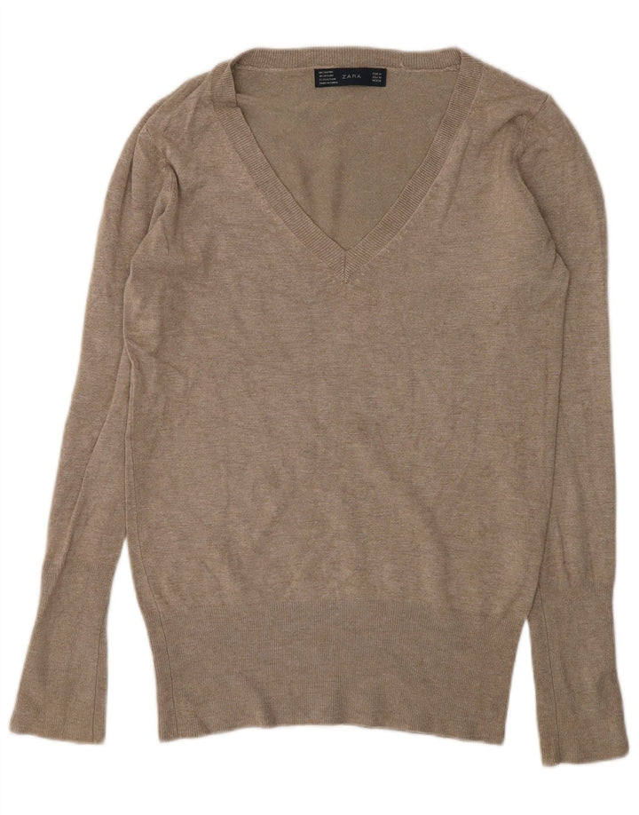Zara Womens V-Neck Jumper Sweater UK 14 Medium Grey Rayon