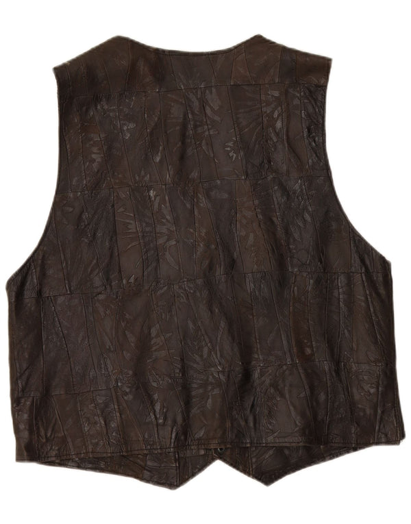 VINTAGE Mens Leather Waistcoat 2XL Brown Patchwork