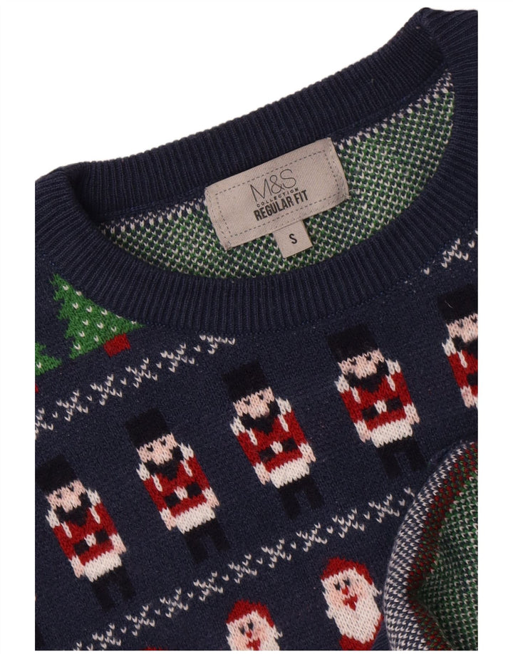 Marks & Spencer Mens Crew Neck Jumper Sweater Small Blue Geometric