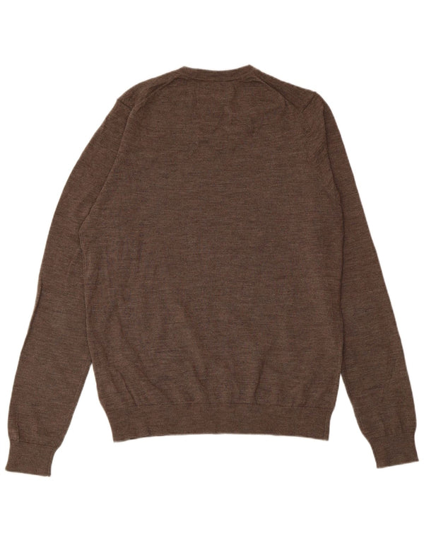 MARKS & SPENCER Mens V-Neck Jumper Sweater Medium Brown Merino Wool