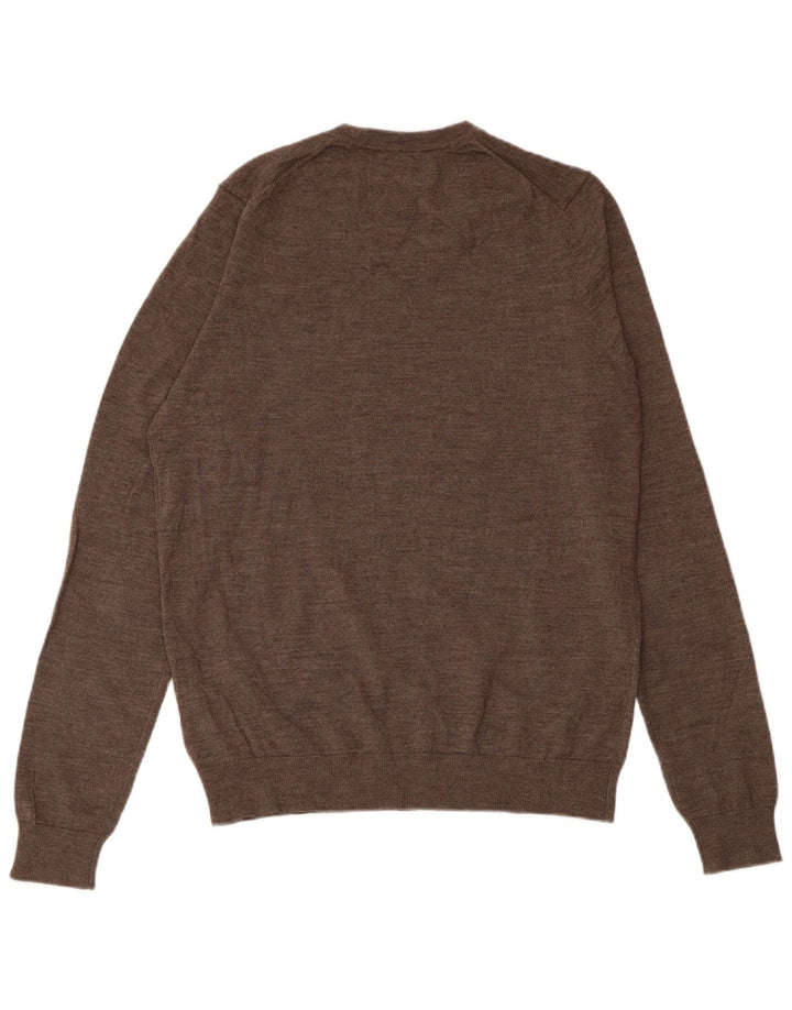 MARKS & SPENCER Mens V-Neck Jumper Sweater Medium Brown Merino Wool