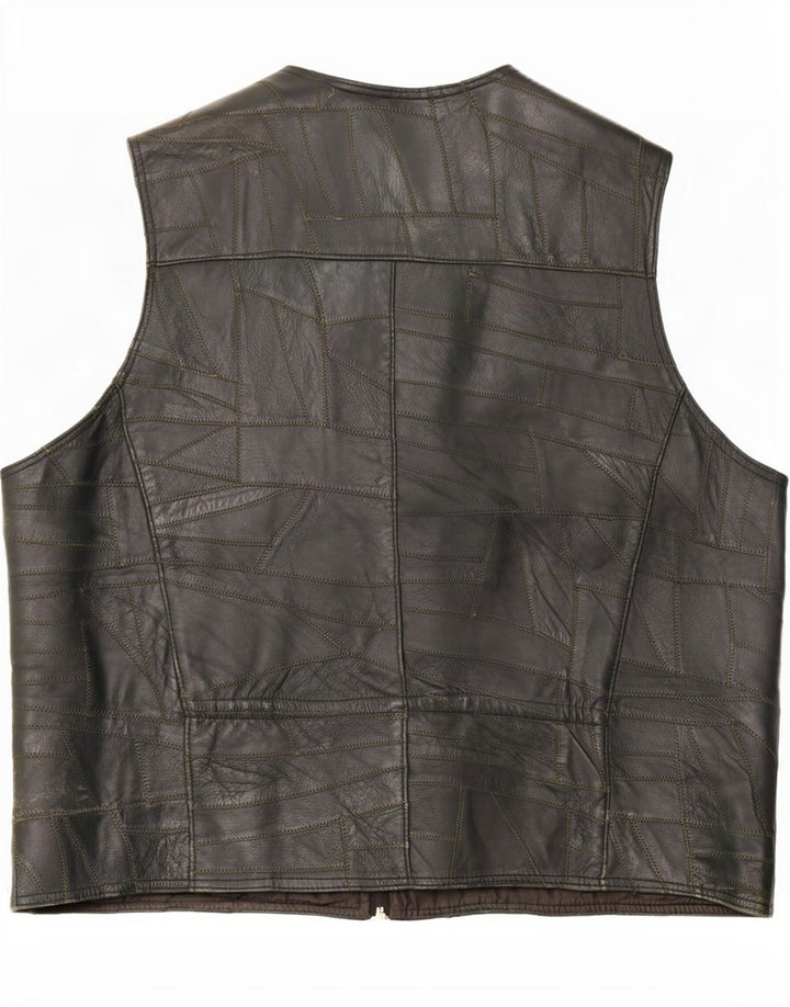 Vintage Mens Leather Utility Gilet UK 46 3XL Black Patchwork