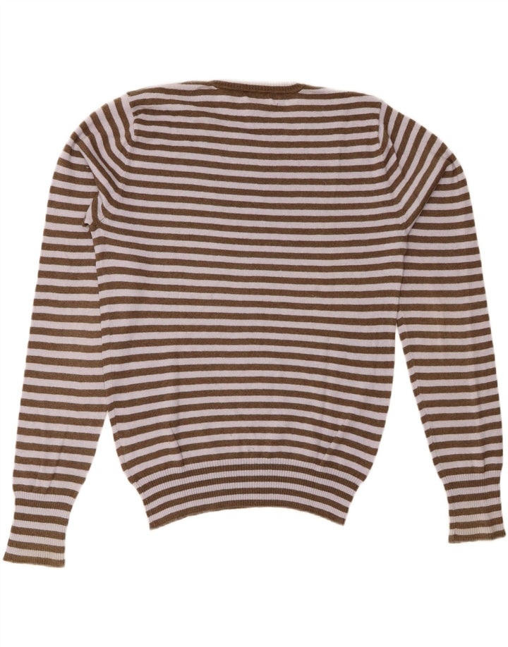 DIESEL Womens Crew Neck Jumper Sweater UK 16 Large Khaki Striped Cotton