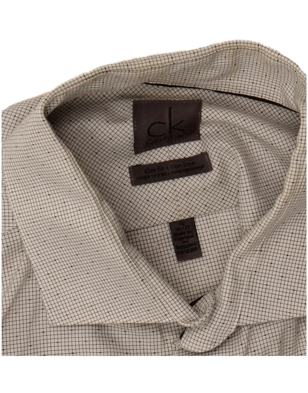 Calvin Klein Mens Slim Fit Shirt Size 16 Large Off White Check Cotton