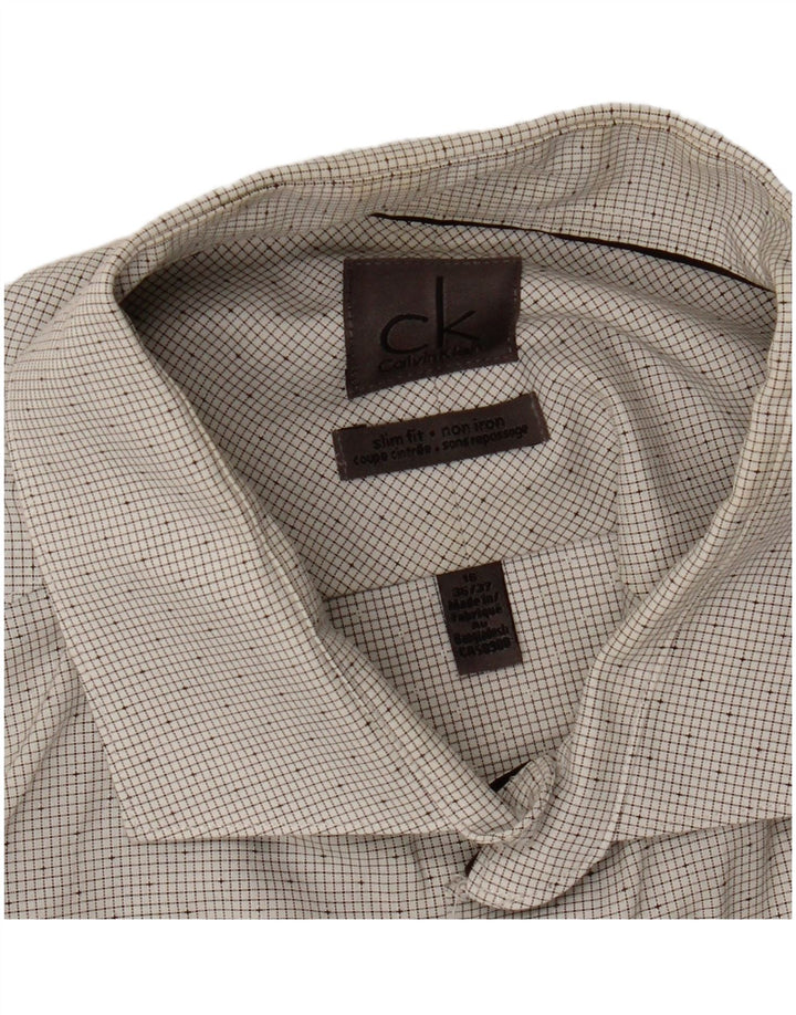 Calvin Klein Mens Slim Fit Shirt Size 16 Large Off White Check Cotton