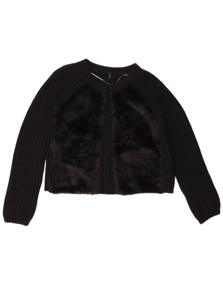 BENETTON Womens Crop Cardigan Sweater UK 10 Small Black Wool