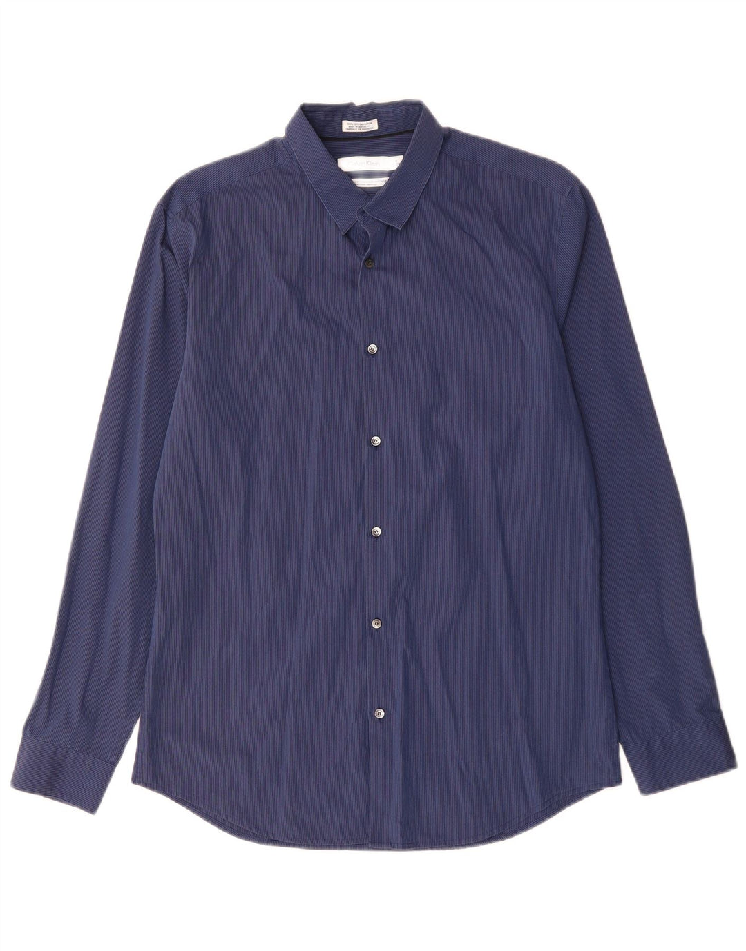 CALVIN KLEIN Mens Shirt Size 15 15 1/2 Medium Navy Blue Pinstripe Cotton