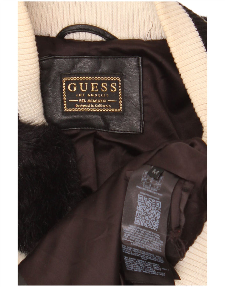 GUESS Womens Faux Fur Bomber Jacket UK 14 Medium Beige Colourblock Acrylic